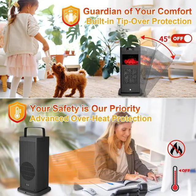 Alt view image 5 of 7 - Space Heater, 2023 Small Space Heaters for Indoor Use, Oscillating Electric Heater with Infrared Sensor & 3D Flame Effect as Mini Fireplace, 1500W ECO Portable Heater for Office/Bedroom/Home/Garage