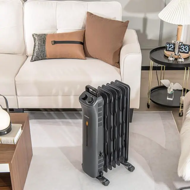 Alt view image 2 of 7 - COSTWAY 1500W Oil Filled Radiator Heater, Electric Oil Radiant Heater w/Universal Wheels, 3-Level Heat, Tip-over & Overheat Protection, Portable Space Heater for Home Office Indoor Use, Black