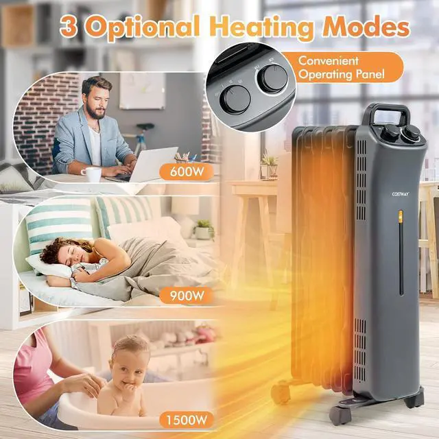 Alt view image 3 of 7 - COSTWAY 1500W Oil Filled Radiator Heater, Electric Oil Radiant Heater w/Universal Wheels, 3-Level Heat, Tip-over & Overheat Protection, Portable Space Heater for Home Office Indoor Use, Black