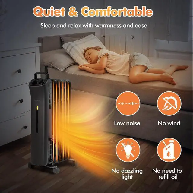 Alt view image 5 of 7 - COSTWAY 1500W Oil Filled Radiator Heater, Electric Oil Radiant Heater w/Universal Wheels, 3-Level Heat, Tip-over & Overheat Protection, Portable Space Heater for Home Office Indoor Use, Black
