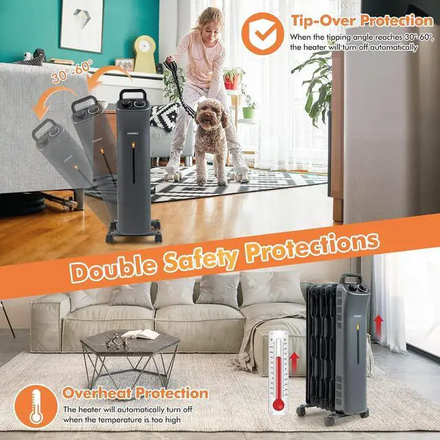 Alt view image 6 of 7 - COSTWAY 1500W Oil Filled Radiator Heater, Electric Oil Radiant Heater w/Universal Wheels, 3-Level Heat, Tip-over & Overheat Protection, Portable Space Heater for Home Office Indoor Use, Black