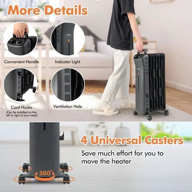 Alt view image 7 of 7 - COSTWAY 1500W Oil Filled Radiator Heater, Electric Oil Radiant Heater w/Universal Wheels, 3-Level Heat, Tip-over & Overheat Protection, Portable Space Heater for Home Office Indoor Use, Black