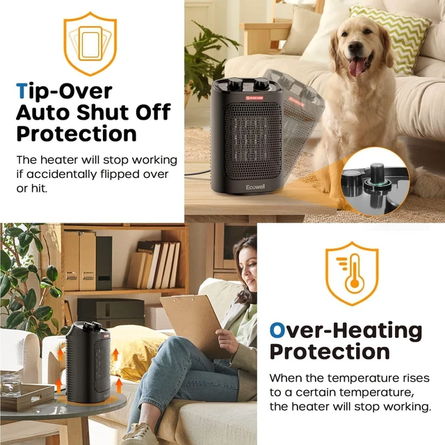 Alt view image 3 of 7 - ECOWELL 1500W Portable Space Heater for Indoor Use, 60°Oscillating,Small Electric Heater Fan with Adjustable Thermostat for Bedroom Office Desk