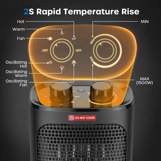 Alt view image 2 of 7 - ECOWELL 1500W Portable Space Heater for Indoor Use, 60°Oscillating,Small Electric Heater Fan with Adjustable Thermostat for Bedroom Office Desk
