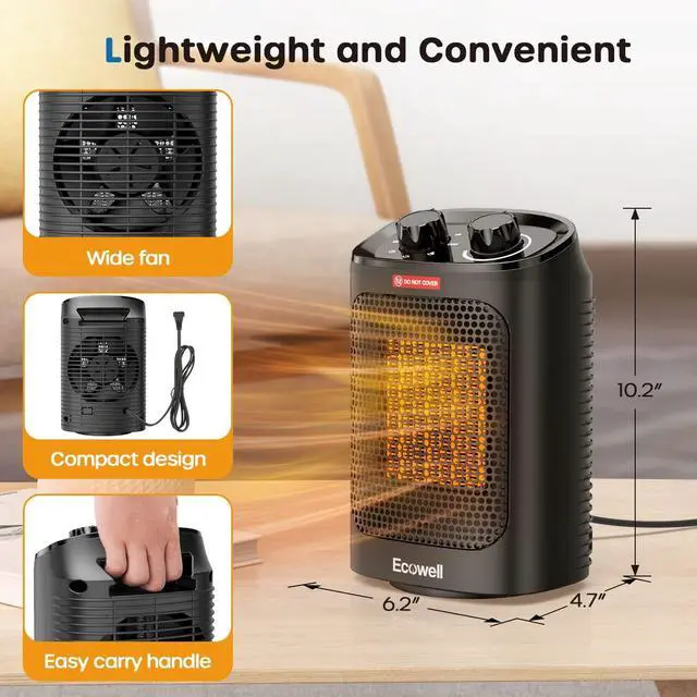 Alt view image 5 of 7 - ECOWELL 1500W Portable Space Heater for Indoor Use, 60°Oscillating,Small Electric Heater Fan with Adjustable Thermostat for Bedroom Office Desk
