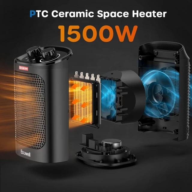 Alt view image 4 of 7 - ECOWELL 1500W Portable Space Heater for Indoor Use, 60°Oscillating,Small Electric Heater Fan with Adjustable Thermostat for Bedroom Office Desk