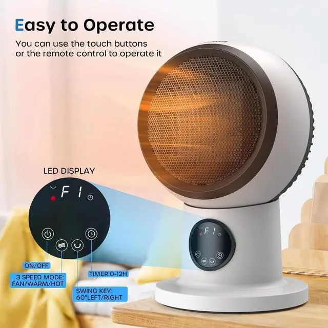Alt view image 3 of 6 - ECOWELL Space Heater Fan Combo, 1500W 2S Fast Heating Electric Ceramic Heater with Remote & LED Display, Overheating and Tip-Over Protection, Portable Quiet Modern Air Circulator Heating Fan