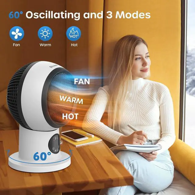 Alt view image 5 of 6 - ECOWELL Space Heater Fan Combo, 1500W 2S Fast Heating Electric Ceramic Heater with Remote & LED Display, Overheating and Tip-Over Protection, Portable Quiet Modern Air Circulator Heating Fan