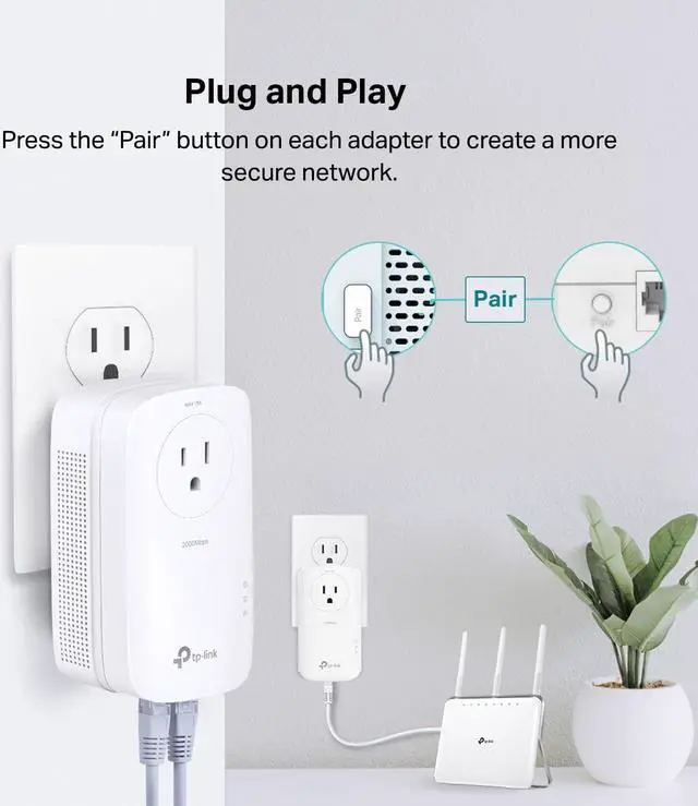 Alt view image 2 of 6 - AV2000 Powerline Adapter - 2 Gigabit Ports, Ethernet Over Power, Plug&Play, Power Saving, 2x2 MIMO, Noise Filtering, Extra Socket for other Devices, Ideal for Gaming (TL-PA9020P KIT)