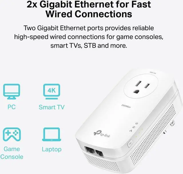 Alt view image 4 of 6 - AV2000 Powerline Adapter - 2 Gigabit Ports, Ethernet Over Power, Plug&Play, Power Saving, 2x2 MIMO, Noise Filtering, Extra Socket for other Devices, Ideal for Gaming (TL-PA9020P KIT)