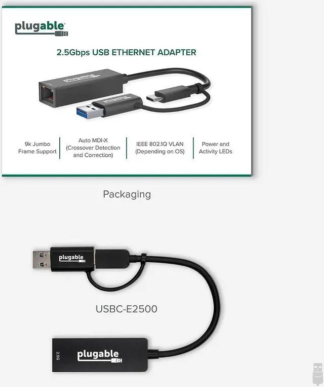 Alt view image 7 of 7 - Plugable 2.5GB USB Ethernet Adapter for Laptop, 2-in-1 Cable, USB 2.5GB Ethernet Adapter, USB-C and USB Compaitble, USB-C to RJ45 2.5 Gigabit LAN Ethernet, Compatible with Mac and Windows