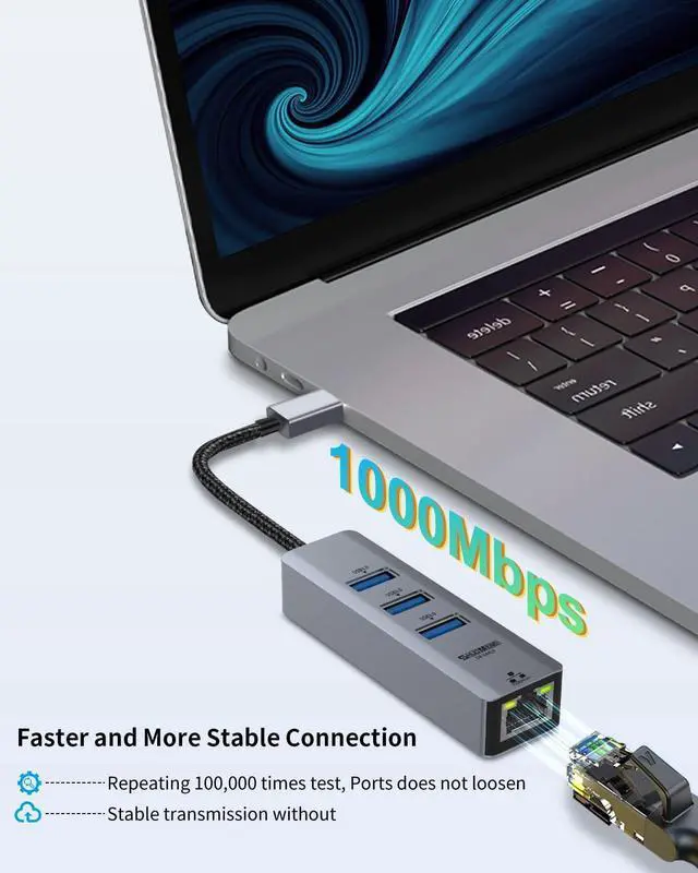 Alt view image 2 of 7 - USB to Ethernet Adapter, 4-in-1 USB LAN Ethernet hub for Laptop, USB3.0 to RJ45 Hub with 3*USB 3.0, Gigabit 1000Mbps, Compatible for MacBook, Surface Pro, Windows11/10/8/7, XP, Chromebook and More