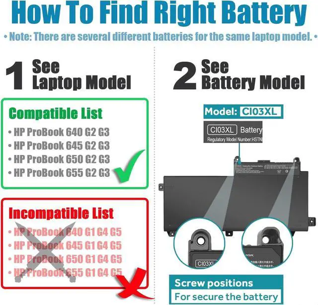 Alt view image 4 of 7 - BatteryMon CI03 CI03XL Battery for HP ProBook 640 G2 645 G2 650 G2 655 G2, ProBook 640 G3 645 G3 650 G3 655 G3 Laptop, P/N: HSTNN-UB6Q HSTNN-LB6T HSTNN-PB6K 801554-001
