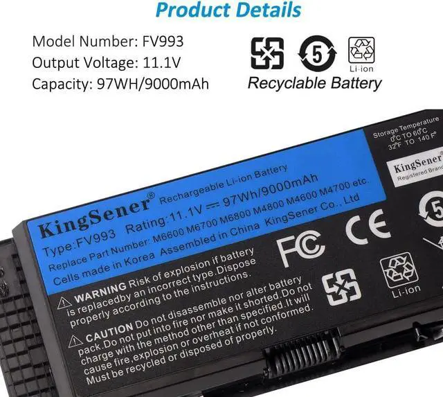 Alt view image 5 of 7 - KINGSENER FV993 M6600 Laptop Battery for Dell Precision Laptop Computer M4600 M4700 M6600 M6700 Fit for PG6RC R7PND 0TN1K5 FV993 FJJ4W T3NT1 V7M28 97WH