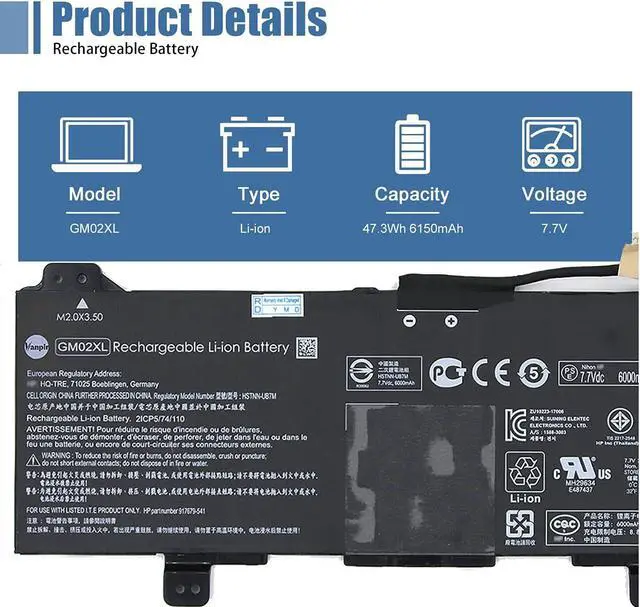 Alt view image 2 of 7 - GM02XL 917679-541 917725-855 Battery for HP Chromebook 14 G5 G6 Chromebook X360 11 G1 G2 G3 Chromebook 11A G6 G7 G8 EE Notebook Battery 917679-271 HSTNN-DB7X HSTNN-UB7M 7.7V 47.3Wh 6150mAh