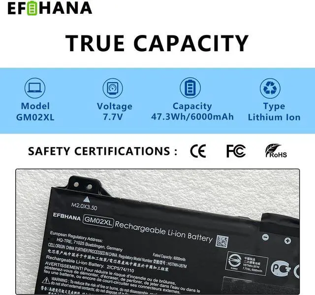 Alt view image 2 of 6 - EFOHANA GM02XL Laptop Battery Replacement for HP Chromebook 14 G5 Chromebook X360 11 G1 Series Notebook 917679-271 917725-855 HSTNN-UB7M GMO2XL 7.7V 47.3Wh 6150mAh