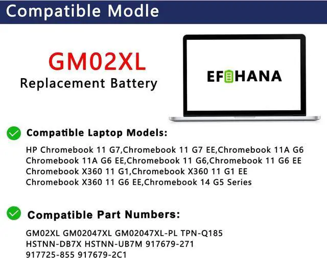 Alt view image 3 of 6 - EFOHANA GM02XL Laptop Battery Replacement for HP Chromebook 14 G5 Chromebook X360 11 G1 Series Notebook 917679-271 917725-855 HSTNN-UB7M GMO2XL 7.7V 47.3Wh 6150mAh