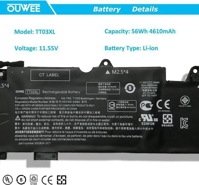 Alt view image 2 of 7 - OUWEE TT03XL Laptop Battery Compatible with Hp EliteBook 850 G5 850 G6 ZBook 15U G5 15U G6 Series Notebook 932824-2C1 933322-855 932824-421 HSTNN-LB8H HSTNN-DB8K 11.55V 56Wh 4610mAh