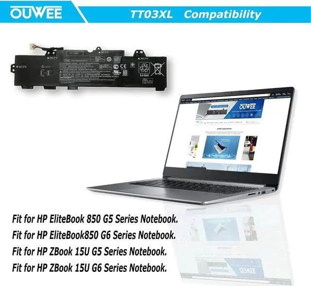Alt view image 4 of 7 - OUWEE TT03XL Laptop Battery Compatible with Hp EliteBook 850 G5 850 G6 ZBook 15U G5 15U G6 Series Notebook 932824-2C1 933322-855 932824-421 HSTNN-LB8H HSTNN-DB8K 11.55V 56Wh 4610mAh