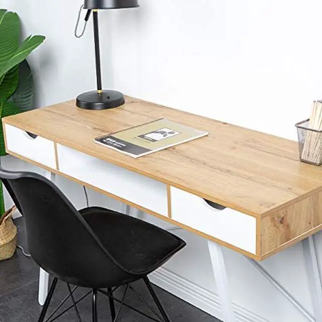 Alt view image 6 of 7 - soges Mid Century Desk with Drawers, 47 inches Writing Study Desk with 2 Drawer and Opening Storage Cube, Home Office Computer Desk for Small Space, Multifunctional Vanity Desk Dressing Table