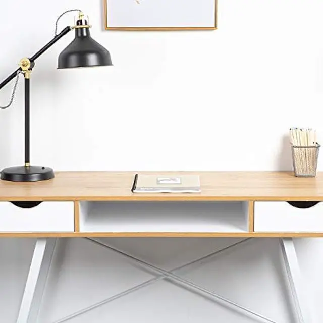 Alt view image 7 of 7 - soges Mid Century Desk with Drawers, 47 inches Writing Study Desk with 2 Drawer and Opening Storage Cube, Home Office Computer Desk for Small Space, Multifunctional Vanity Desk Dressing Table