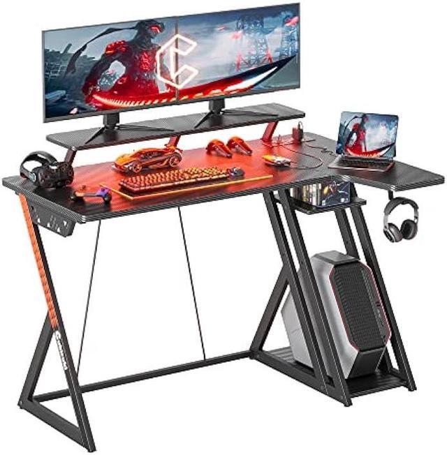 CubiCubi Aurora Gaming Desk with LED Lights Power Outlets 40 inch L Shaped Carbon Fiber