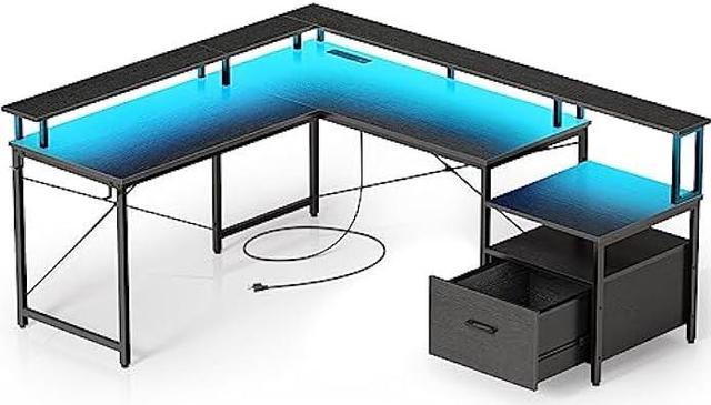 L-Shaped Gaming Desk Computer Desk with Power Outlets & LED Strips