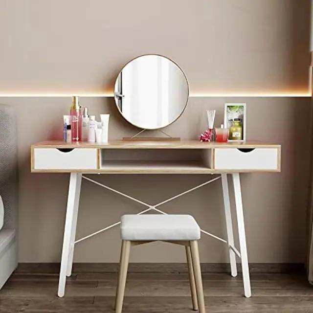 Alt view image 4 of 7 - soges Mid Century Desk with Drawers, 47 inches Writing Study Desk with 2 Drawer and Opening Storage Cube, Home Office Computer Desk for Small Space, Multifunctional Vanity Desk Dressing Table