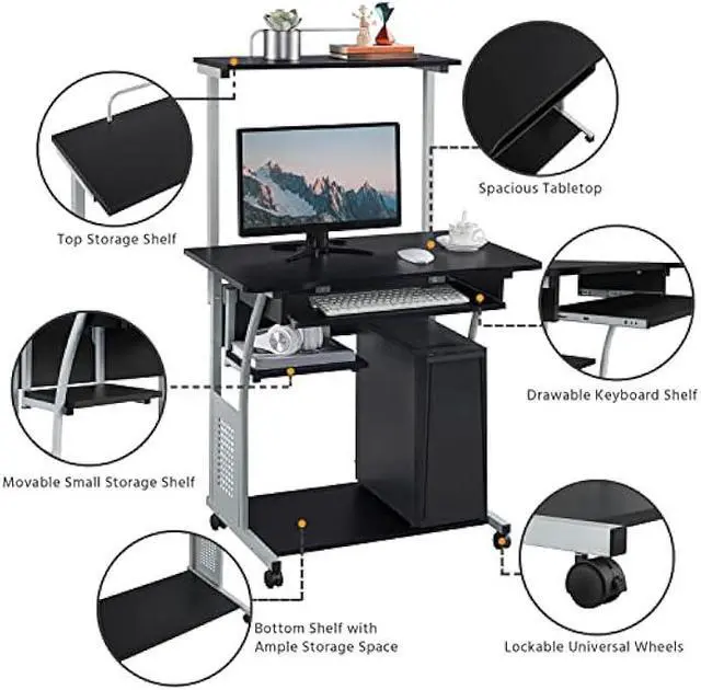 Alt view image 5 of 5 - Yaheetech 2 Tier Mobile Computer Desk with Printer Shelf & Keyboard Tray Rolling Computer Table for Small Spaces, Compact Study Workstation with Wheels, Space Saving, Black