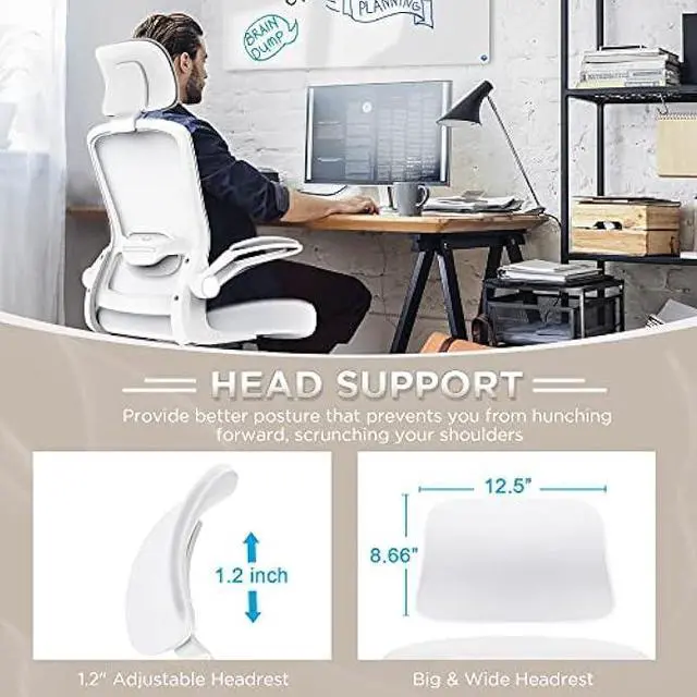 Alt view image 2 of 5 - Mimoglad Office Chair, High Back Ergonomic Desk Chair with Adjustable Lumbar Support and Headrest, Swivel Task Chair with flip-up Armrests for Guitar Playing (Modern, Ivory White)