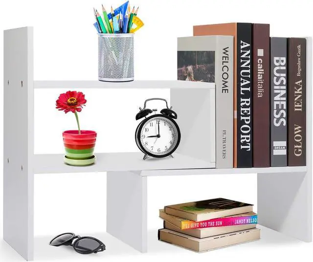 Main image of Wood Adjustable Desktop Storage Organizer Display Shelf Rack, Office Supplies Desk Organizer,White