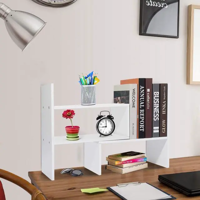 Alt view image 2 of 7 - Wood Adjustable Desktop Storage Organizer Display Shelf Rack, Office Supplies Desk Organizer,White