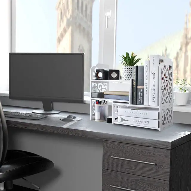 Alt view image 4 of 7 - YGYQZ Small Bookshelf for Desktop Storage, Mini Cute Office Desk Shelves White Versatility Organizers for Women, Kids