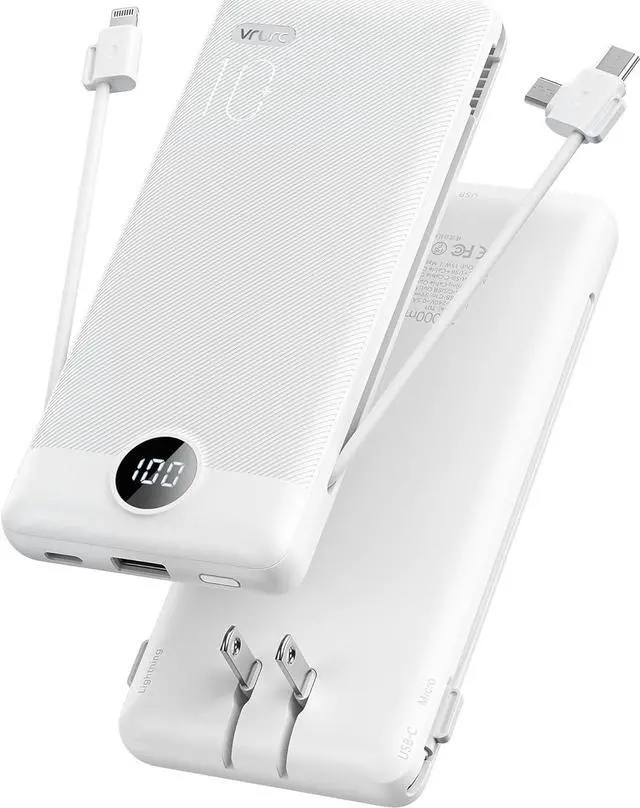 Main image of VRURC 10000mAh Portable Charger with Built-in Cables and AC Wall Plug Ultra Slim Power Bank USB C Phone Charger 5 Output 2 Input External battery pack LED Display Compatible with All mobilephone-White
