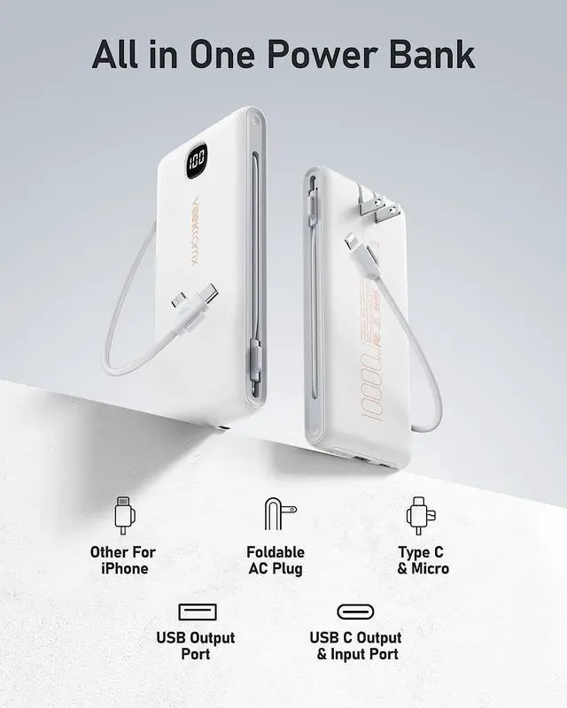 Alt view image 3 of 7 - Portable Charger with Built in Cables 10000mAh Power Bank for iPhone with Wall Plug Travel Essential Fast Charging USB C Slim External Battery Pack for iPhone16/15/14  iPad etc