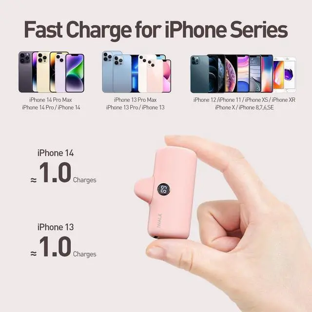 Alt view image 3 of 6 - iWALK Portable Charger 4800mAh Power Bank Fast Charging and PD Input Small Docking Battery with LED Display Compatible with iPhone 14/14 Pro Max/13/13 Pro Max/12/12 Pro/11/X/8/7/6,Pink