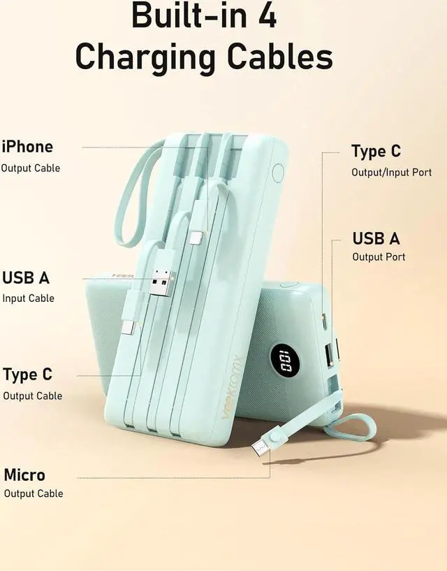 Alt view image 3 of 7 - VEEKTOMX Portable Charger Built-in Cables, 20000mAh Power Bank for iPhone, USB C Fast Charging Battery Bank, Travel Battery Pack Power bank for iPhone 15/14, Samsung S24/23, iPad, Andriod, etc