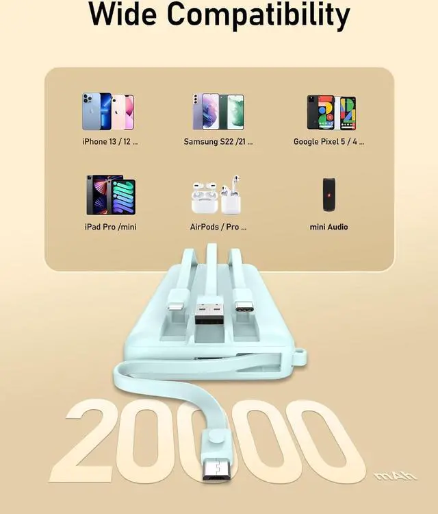 Alt view image 6 of 7 - VEEKTOMX Portable Charger Built-in Cables, 20000mAh Power Bank for iPhone, USB C Fast Charging Battery Bank, Travel Battery Pack Power bank for iPhone 15/14, Samsung S24/23, iPad, Andriod, etc