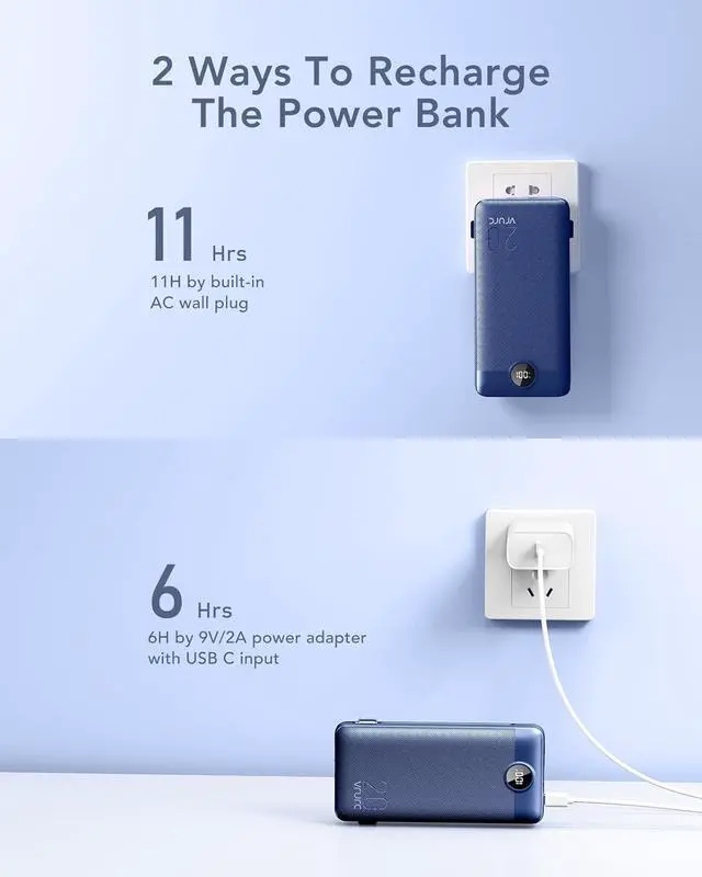 Alt view image 4 of 7 - VRURC Portable Charger 20000mAh, Fast Charging Power Bank USB C,4 Output 2 Input Travel Essentials Charging Bank Equipped with LED Display,Built-in Wall Plug and Cables,Phone Charger Battery,Navy