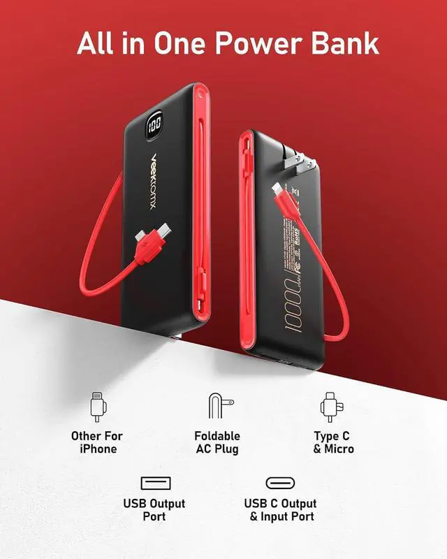 Alt view image 2 of 7 - VEEKTOMX Portable Charger with Built in Cables 10000mAh, Power Bank for iPhone with AC Wall Plug, Fast Charging USB C Slim Battery Pack with LED Display Compatible with iPhone15/14/13, Samsung