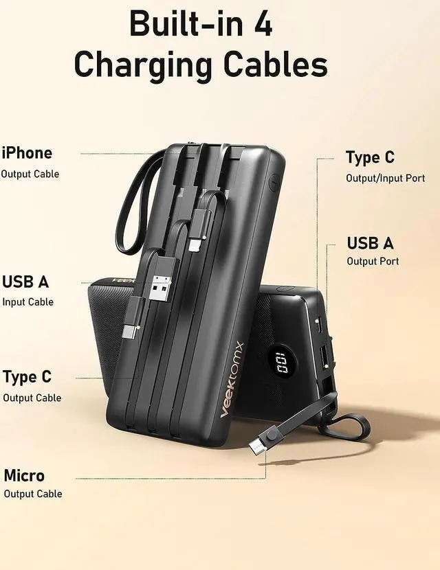 Alt view image 2 of 7 - VEEKTOMX Power Bank with Built in Cables, 20000mAh Huge Capacity Portable Charger with 5 Output and LED Display, External Battery Compatible with iPhone/iPad/Samsung and Other Smart Devices for Travel