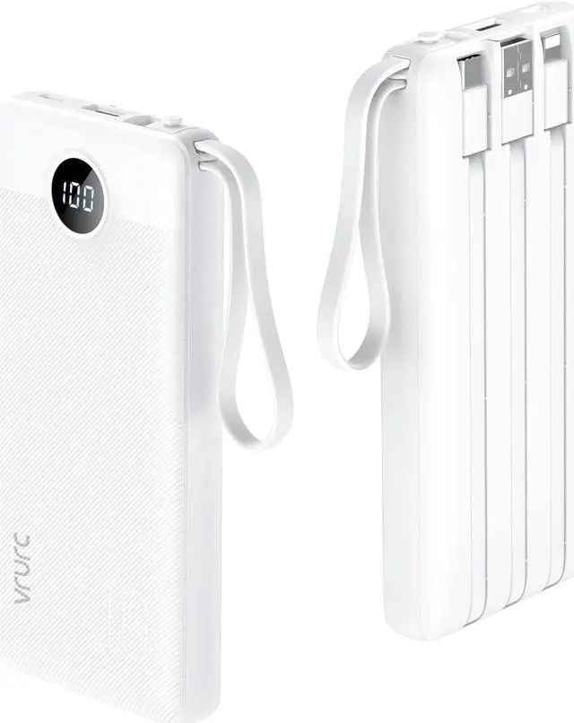 Main image of VRURC Portable Charger Power Bank, 10000mAh Travel Essentials Battery Pack, 5 Outputs 2 Inputs Slim Charing Bank Built-in Cables Cords Wires Compatible with iPhone,Samsung,Android-White(1 Pack)