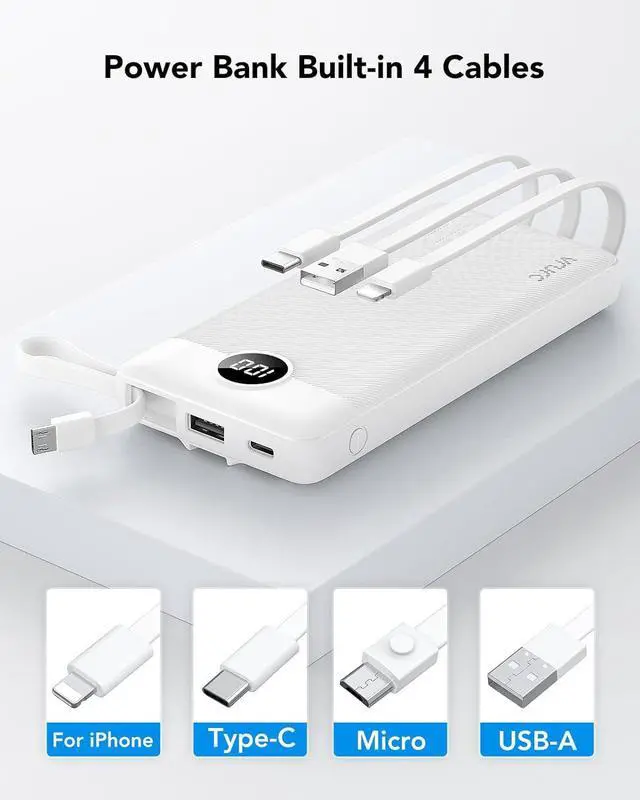 Alt view image 2 of 7 - Portable Charger for iPhone with Built in Cords, 10000mAh USB C Phone Power Bank, VRURC Ultra Slim with 5 Outputs 2 Inputs LED Display External Battery Compatible with iPhone,Samsung, Tablets