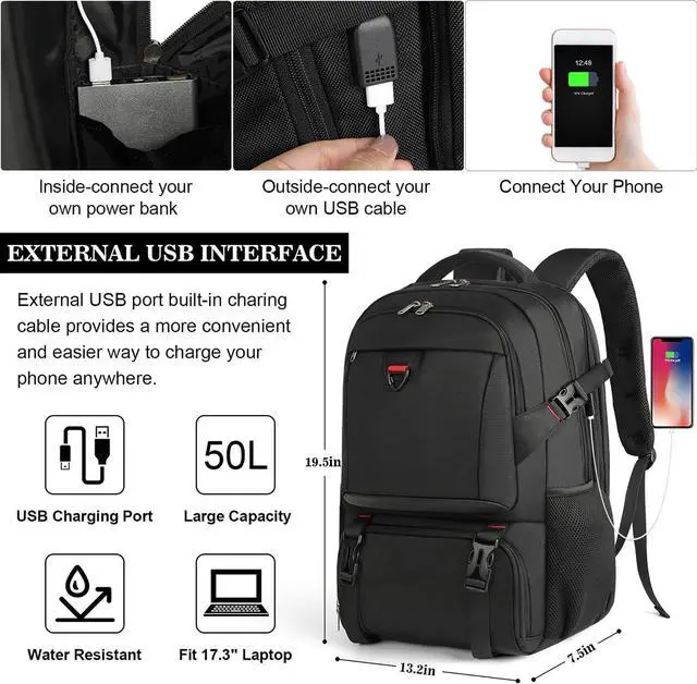 Alt view image 4 of 7 - Lunch Backpack, 17.3 Inch Laptop Backpack with USB Charging Port 50L Travel Backpack for Men Women Work Backpack with Insulated Bag Waterproof Computer Backpack for College School Business, Black
