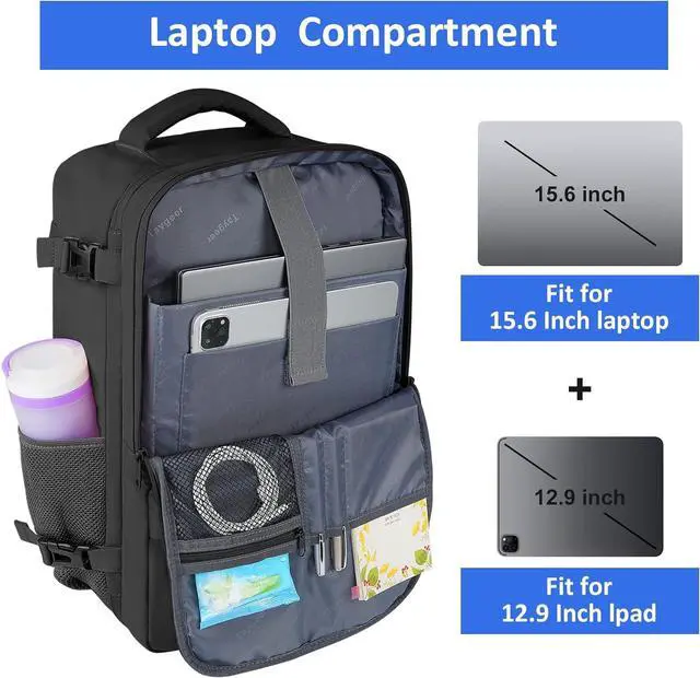 Alt view image 3 of 7 - Travel Laptop Backpack, Airplane Approved Travel Backpack Suitcase For Men Women With Usb Charging Port, Lightweight College 35l Luggage Bag 15.6 inch Laptop Backpack Gifts For Casual Business, Black