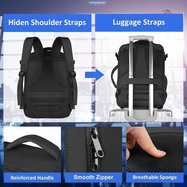 Alt view image 6 of 7 - Travel Laptop Backpack, Airplane Approved Travel Backpack Suitcase For Men Women With Usb Charging Port, Lightweight College 35l Luggage Bag 15.6 inch Laptop Backpack Gifts For Casual Business, Black