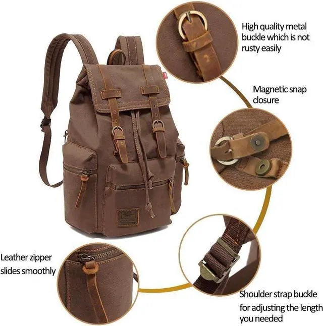 Alt view image 2 of 7 - Koolehaoda Vintage Canvas Backpack Leather Rucksack Knapsack Unisex Casual Backpack 15.6-inch Laptop Backpack Hiking Bag (Coffee-M)