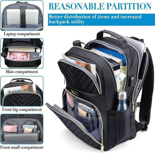 Alt view image 2 of 7 - Travel Laptop Backpack, School Backpack for Teen Girls, 15.6 Inch Quilted Work Backpack Purse with USB Charging Port, Large Anti-theft Bookbag for Students, Casual Daypacks for Women,Black