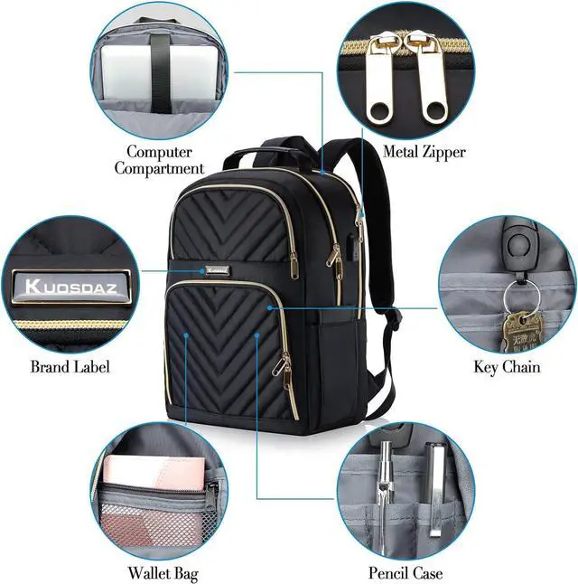 Alt view image 6 of 7 - Travel Laptop Backpack, School Backpack for Teen Girls, 15.6 Inch Quilted Work Backpack Purse with USB Charging Port, Large Anti-theft Bookbag for Students, Casual Daypacks for Women,Black