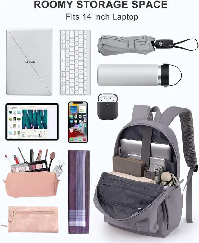 Alt view image 3 of 7 - HOMIEE Lightweight Stylish Casual Daypack, Water-Resistant Backpack Unisex Laptop Bookbag, 14-Inch Laptop Backpack for Women & Men, Travel/School/Casual/Work Backpack, Grey
